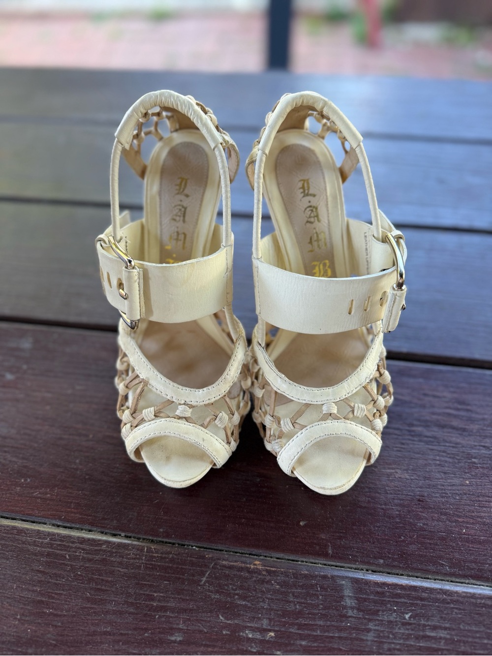 L.A.M.B. Ivory Woven Leather Strappy Stiletto  Heel Open Toe Women's US 6M